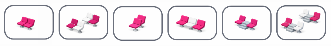 Six seat-plan diagrams showing how a pair of seats may be arranged. In each one the two highlighted seats are your pair: side by side, diagonally adjacent, one behind the other, or separated by a staircase or another spectator.